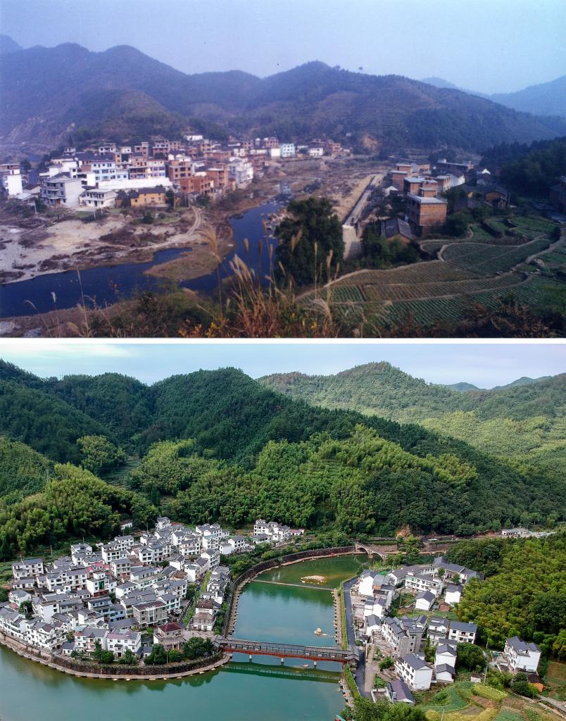 圖為浙江省杭州市淳安縣楓樹嶺鎮(zhèn)下姜村拼版圖，其中上圖為資料照片、下圖由新華社記者張鋮攝。